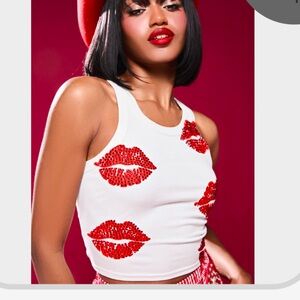 AKIRA White Tank Top with Red Sequin Lips